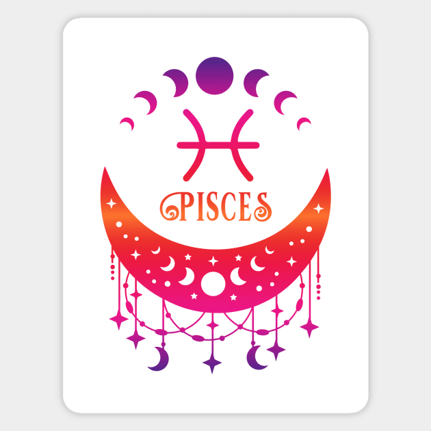 Rainbow Ombre Moon Phases and Pisces Zodiac Symbol Magnet by Cheeky Witch